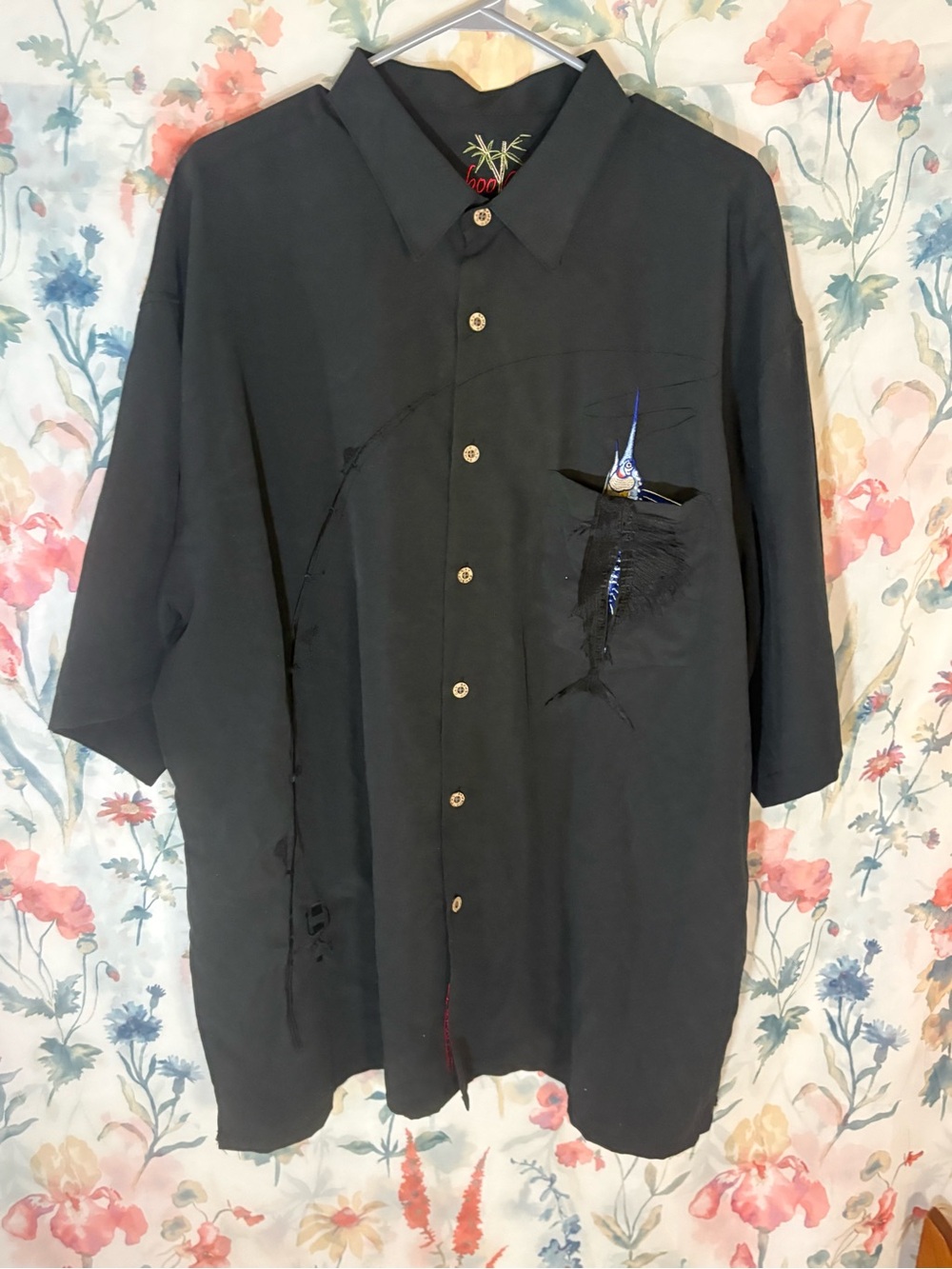 Casual Black Button-Down Shirt with Sailfish Accent